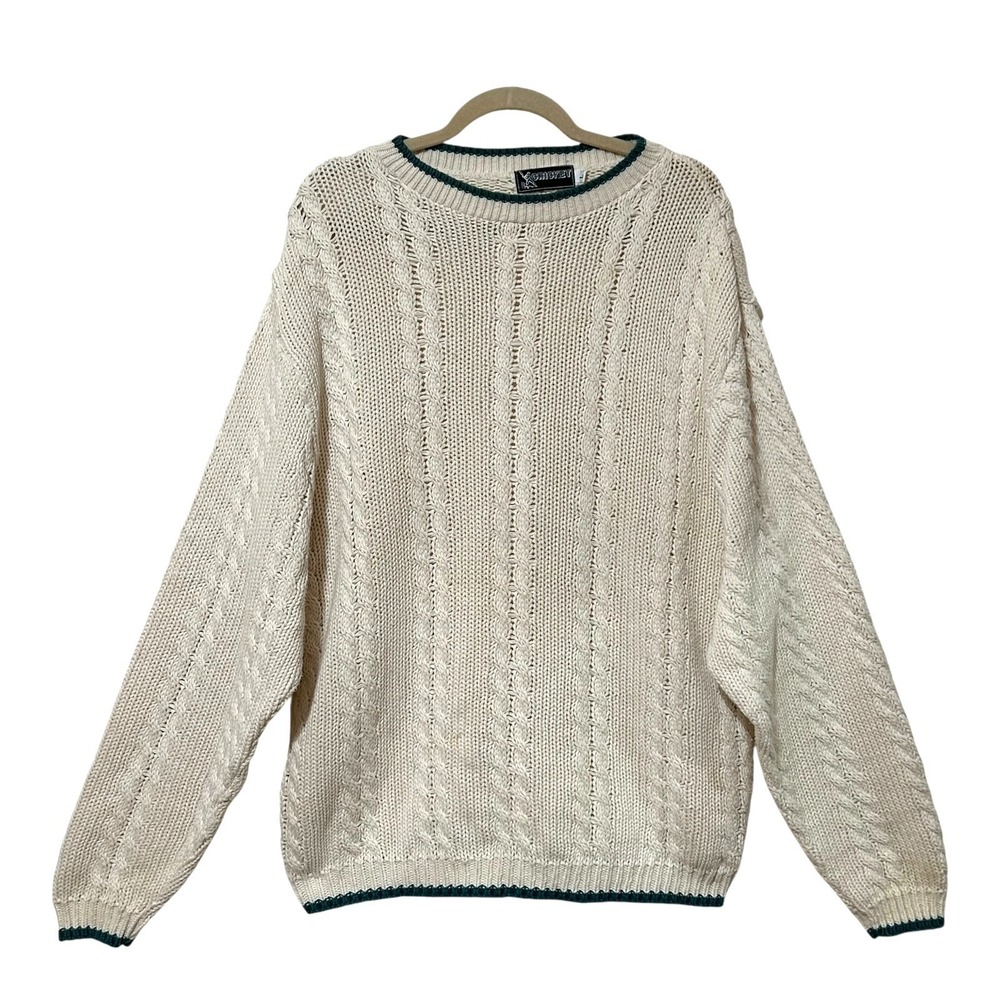 VTG 80s Cricket Mens Cable Knit Pullover Sweater L Ivory Green Cotton Crew Neck